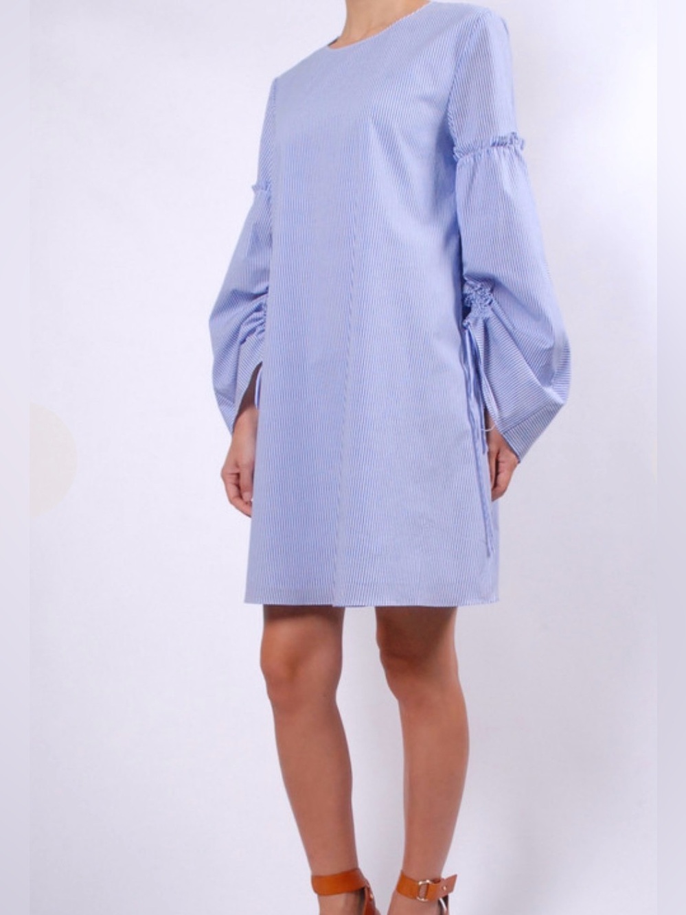 Tibi Elliot Striped Cotton Trapeze Dress Blue White Bell Sleeve Ruched Size 4